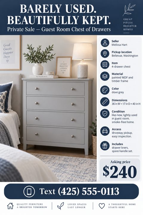 A private sale flyer with a dark blue header and footer. A large photo shows a grey chest of drawers in a bedroom. The right side lists item specifications with small circular icons.