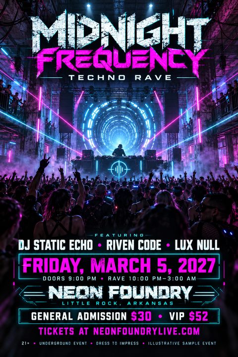 A vibrant flyer for a techno rave featuring a large crowd dancing in front of a DJ booth with bright neon pink and blue lights. Text includes event details like date, time, location, and ticket prices.