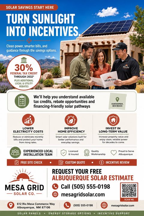Flyer for Mesa Grid Solar Co. titled 'Turn Sunlight Into Incentives'. Shows a solar installer talking to a couple in front of a southwestern-style home with solar panels. Includes icons for lower costs, home efficiency, and long-term value, plus a.