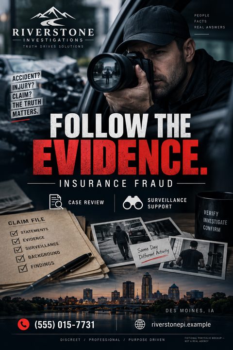 A flyer for a private investigation agency. The top half shows a man in a car taking a photo with a camera. The bottom half shows a desk with a claim file, photos, and a pen, with a city skyline at the bottom.