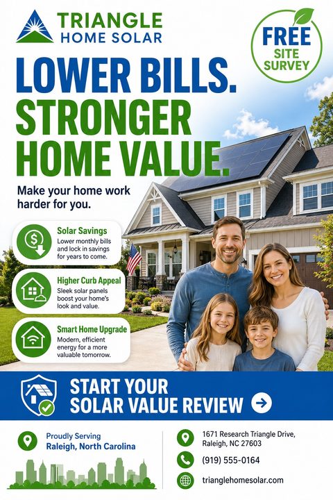 A flyer for a solar installation company featuring a happy family standing in front of a house with solar panels on the roof. The text highlights lower bills and stronger home value.