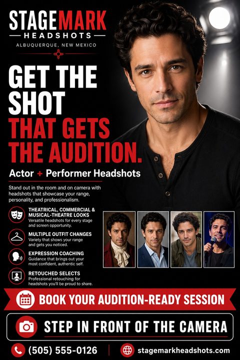 A photography flyer on a black background with bold red and white text. It features a large headshot of a man, plus four smaller photos showing different outfits and expressions.