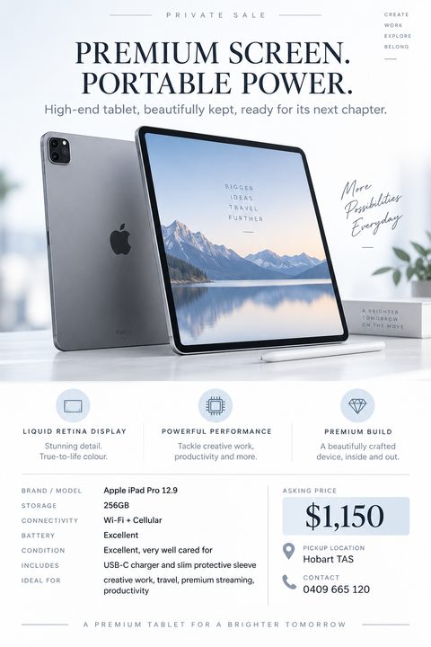 Flyer for a private sale of a tablet. The top half features a large photo of a tablet and stylus. The bottom half lists specifications like brand, storage, and condition, along with the asking price of $1,150 and contact information.