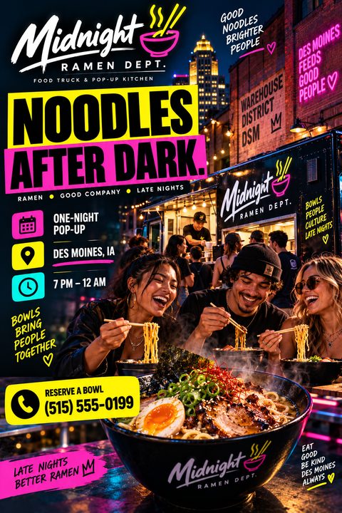 A vibrant flyer for a food truck pop-up featuring a large bowl of ramen in the foreground and people eating ramen in front of a food truck at night. Text includes 'Noodles After Dark' and event details.