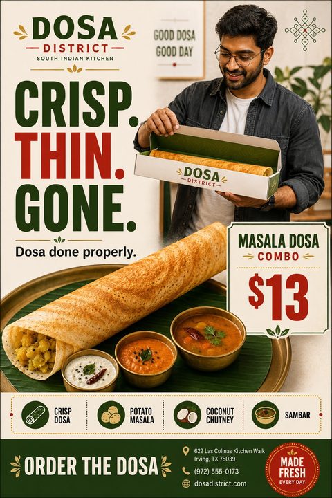 Flyer for Dosa District South Indian Kitchen featuring a man holding a takeaway box with a dosa, a large image of a masala dosa combo with chutneys and sambar, and bold text reading 'CRISP. THIN. GONE.'