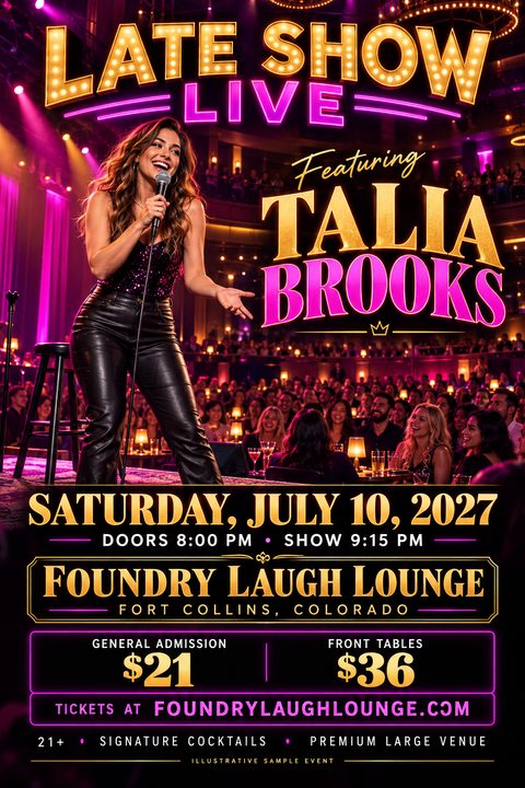 A vibrant comedy show flyer featuring a female comedian on stage with a microphone. The design uses glowing neon pink and gold marquee lettering over a dark background with an audience.