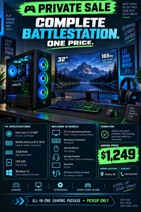 Flyer for a private sale of a complete gaming battlestation. Features a large photo of a gaming PC, curved monitor, keyboard, and mouse with neon blue and green accents. Includes sections for PC specifications, included bundle items, condition.