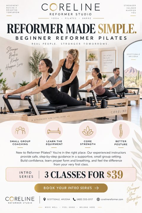 A modern flyer for a Pilates studio featuring a large photo of a reformer class in session. The design includes gold text accents, benefit icons, and a prominent introductory offer section at the bottom.