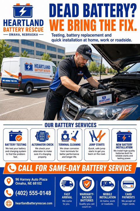 Flyer for a mobile battery replacement service. Top half shows a mechanic installing a car battery in a parking lot with a branded van behind him. Bottom half lists services with icons: battery testing, alternator check, terminal cleaning, jump.