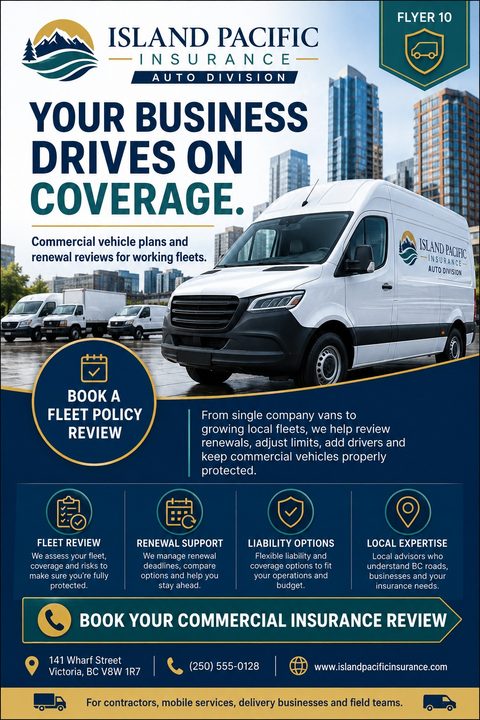 A professional commercial auto insurance flyer featuring a white delivery van parked in a city. The design uses a navy blue and gold color scheme with icons highlighting fleet review and renewal support services.