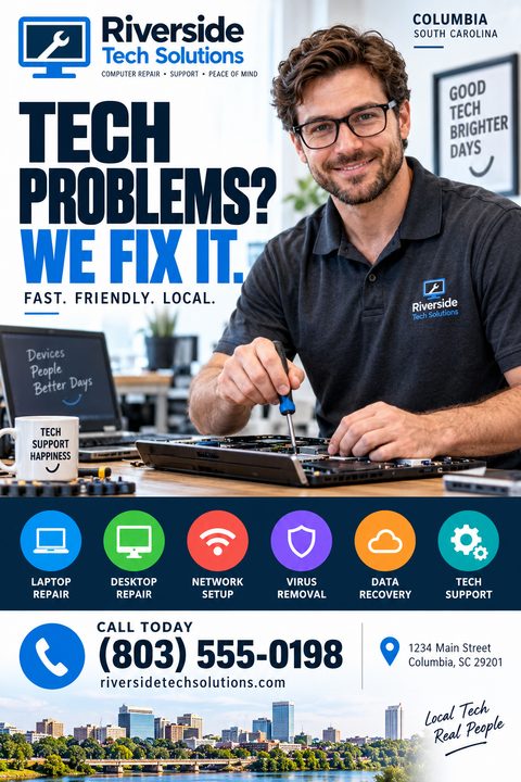 Computer repair flyer template featuring a smiling technician fixing a laptop. Bold text reads 'Tech Problems? We Fix It.' Below are colorful icons for laptop repair, desktop repair, network setup, virus removal, data recovery, and tech support.