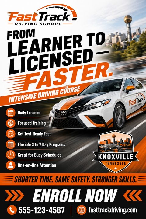 A dynamic driving school flyer featuring a white car with orange and black decals speeding along a road. Bold text reads 'From Learner to Licensed - Faster.' with bullet points listing course benefits.