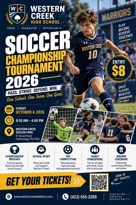 A flyer for a soccer championship tournament featuring a large photo of a male soccer player in a navy and gold uniform kicking a ball. Below are three smaller photos showing a goalie, female players, and a team celebrating. The flyer includes event.