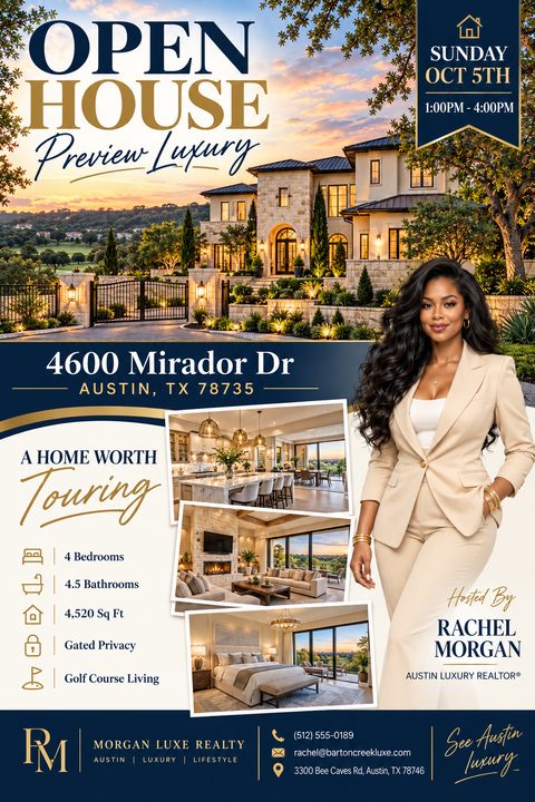 Real estate open house flyer with a navy and gold color scheme. Features a large photo of a luxury home at sunset, three smaller interior photos, property details, and a real estate agent's photo and contact information.
