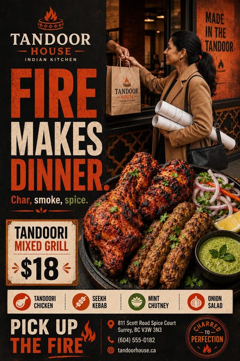 Flyer for Tandoor House Indian Kitchen. Text reads 'Fire Makes Dinner. Char, smoke, spice.' Features a photo of a woman picking up a takeaway bag and a large platter of tandoori chicken and seekh kebabs. Highlights a Tandoori Mixed Grill for $18.
