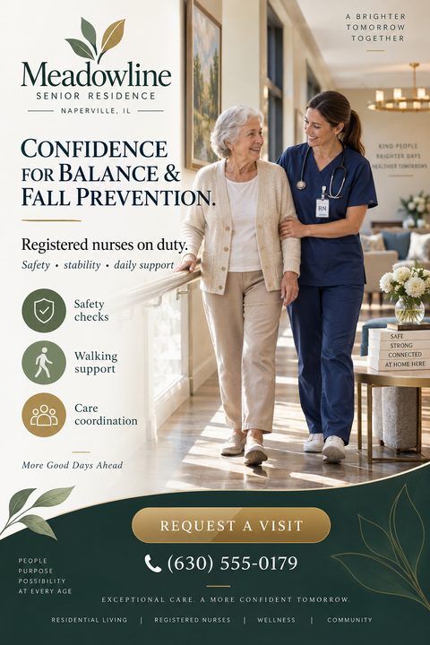 Flyer for Meadowline Senior Residence promoting balance and fall prevention. Features a photo of a nurse assisting an elderly woman walking down a hallway.