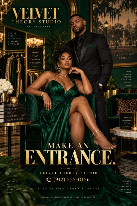 A luxurious fashion flyer featuring a woman in an emerald green gown seated in a velvet chair, with a man in a black suit standing behind her. The text is in gold serif font against a dark green background.