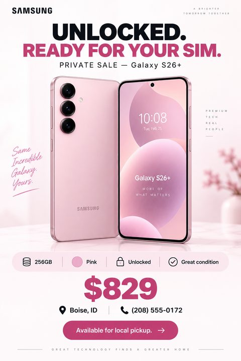Flyer for a private sale of a pink smartphone. The flyer features a large image of the phone, its specs (256GB, Pink, Unlocked, Great condition), a price of $829, and contact information for local pickup in Boise, ID.