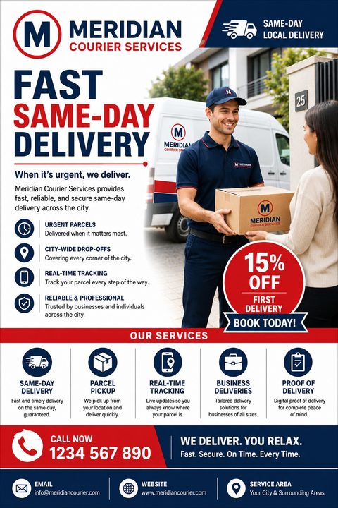 Courier services flyer template with a photo of a delivery driver handing a package to a customer. The design uses bold red and navy blue text, highlighting 'Fast Same-Day Delivery' and a 15% off discount.