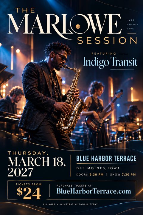 A flyer for a live jazz concert featuring a large photo of a band performing, with a saxophonist in the foreground. The design uses a dark blue background with elegant gold and white typography.