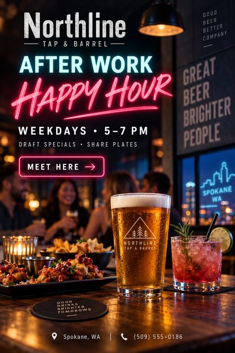 A happy hour flyer for a bar featuring a glowing pink neon sign that reads 'Happy Hour' over a photo of a pint of beer, a cocktail, and appetizers on a wooden table. In the background, people are socializing in a dimly lit pub.