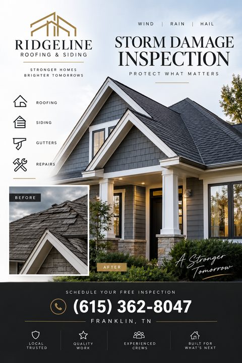 A roofing services flyer featuring a large photo of a pristine house, an inset photo showing a damaged roof labeled Before, service icons, and a black footer with gold contact details.
