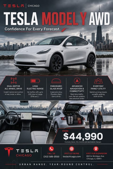 A sleek car sales flyer featuring a white SUV against a city skyline, a grid of feature icons, interior and trunk photos, bold pricing, and red accent details on a dark background.