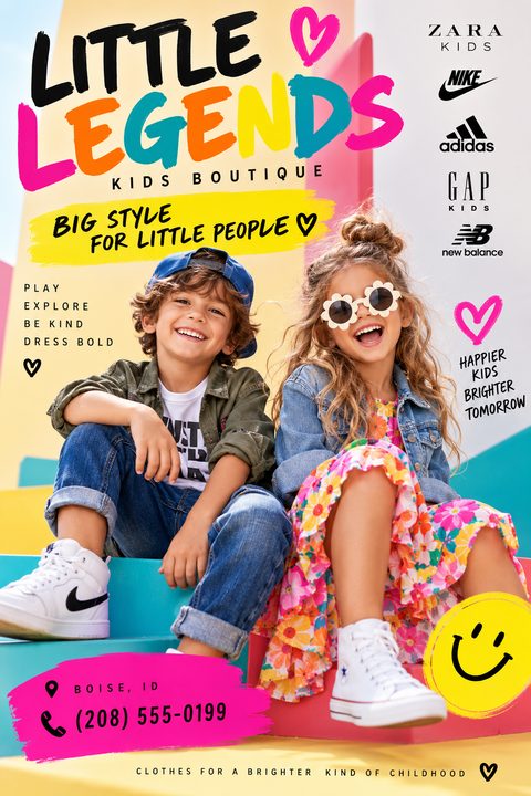 Flyer for a kids boutique with a large photo of a boy and girl sitting on colorful steps, smiling. The text is in bright, playful fonts with a yellow smiley face and pink hearts.