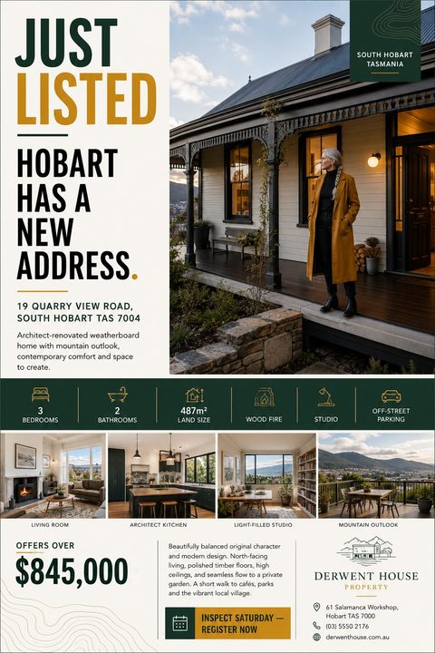 Real estate flyer template with 'Just Listed' headline, a large photo of a woman on a house porch, property details with icons, four smaller interior photos, and a price of $845,000.