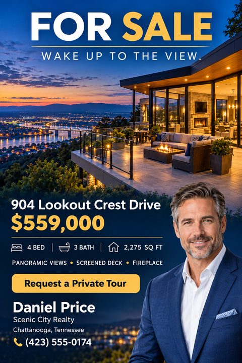 Real estate for sale flyer featuring a large twilight photo of a luxury home patio overlooking a city, an agent portrait, property details, and contact information on a navy blue background with gold accents.