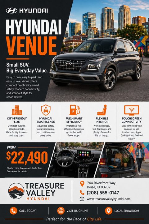 A car dealership flyer featuring a dark grey SUV parked on a city street. The flyer includes sections for key features with orange icons, interior and trunk photos, pricing, and dealership contact details.
