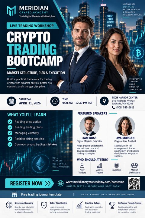 A professional flyer template for a trading bootcamp featuring a man and woman in business attire against a dark blue city skyline with stock market charts and cyan accents.