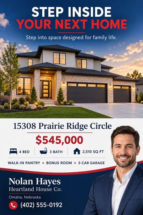Real estate flyer featuring a large photo of a modern two-story house at sunset. Below, a white section displays the address, price, and features, alongside a smiling male agent's photo on a navy background.