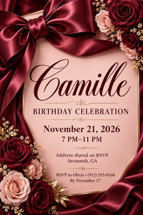 Elegant birthday invitation flyer featuring a soft pink center framed by luxurious burgundy satin ribbons, deep red roses, pale pink roses, and gold floral accents.
