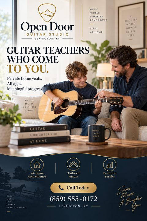 Flyer for in-home guitar lessons featuring a photo of a teacher instructing a boy on an acoustic guitar. The bottom section is navy blue with gold text, icons, and contact details.