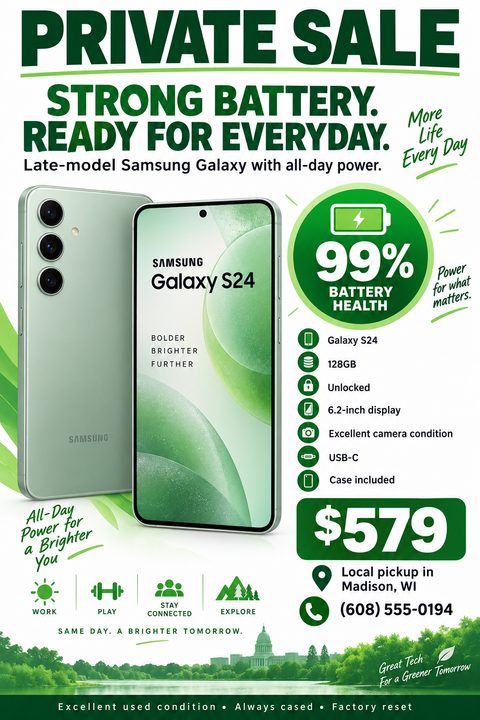 Flyer for a private sale of a smartphone. Features a large image of a green phone, a prominent '99% Battery Health' badge, bulleted specifications, a price of $579, and contact information for local pickup.