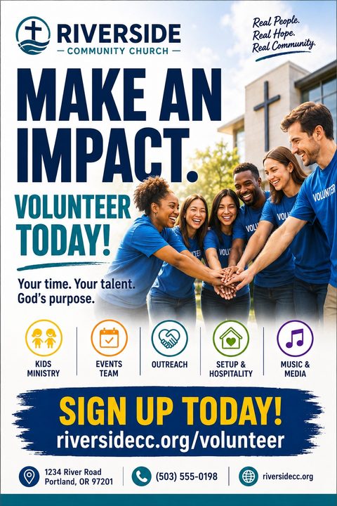 A church volunteer recruitment flyer featuring a diverse group of smiling people in blue volunteer shirts putting their hands together. It includes icons for various ministries and a bold call to action.