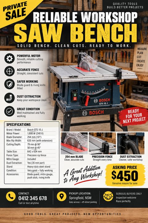 A flyer advertising a 'Reliable Workshop Saw Bench' for private sale. It features a large photo of a Bosch table saw, detailed specifications, smaller inset photos of features, an asking price of $450, and contact information.