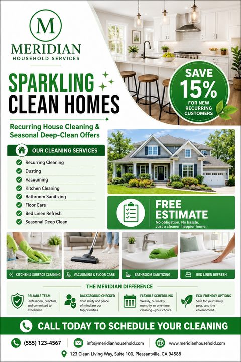 House cleaning flyer template with a white and green layout. It includes photos of a pristine kitchen and house exterior, a bulleted services list, a discount badge, and four smaller images depicting cleaning tasks.