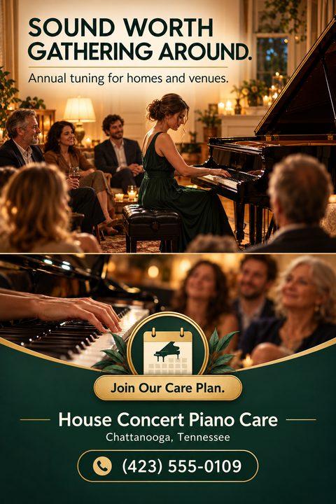 A flyer for piano tuning services. The top half features a photo of a woman playing a grand piano for a small audience in a living room. Below is a close-up of hands playing the piano. The bottom section is dark green with gold accents, offering a.