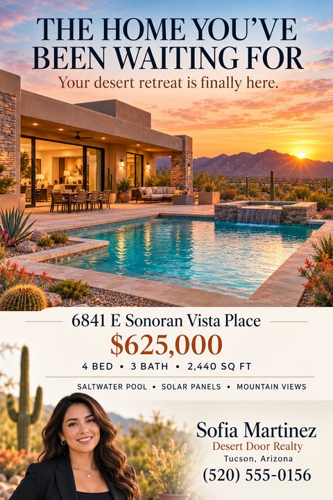 Real estate flyer with a large photo of a modern desert home with a pool at sunset. Text reads 'The home you've been waiting for. Your desert retreat is finally here.' Includes property details, price, and agent contact info.
