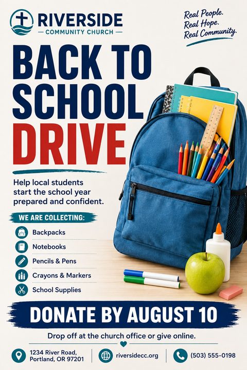 Flyer for a Back to School Drive. Features a large blue backpack filled with notebooks and colored pencils, next to an apple, glue, and markers. Bold text reads 'Back to School Drive'. Includes a list of needed items and donation deadline.