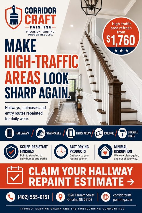 Flyer for interior painting services featuring a photo of a freshly painted hallway and staircase. Text reads 'Make high-traffic areas look sharp again' with a price offer and icons detailing services like scuff-resistant finishes and fast drying.