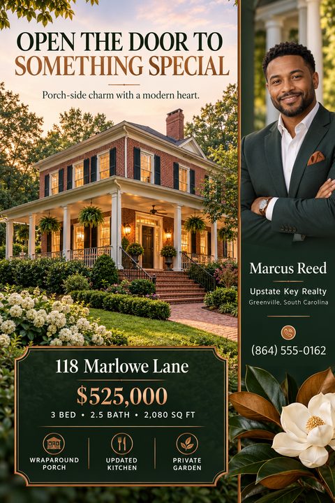 Real estate flyer template featuring a large photo of a two-story brick house with a wraparound porch. To the right is a photo of a real estate agent. Below the house photo are property details including address, price, and features.
