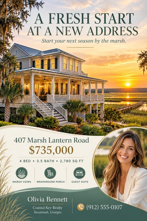 Real estate listing flyer displaying a large sunset photo of a coastal home with a wraparound porch, a circular agent headshot, property details, and wavy cream and green graphics.