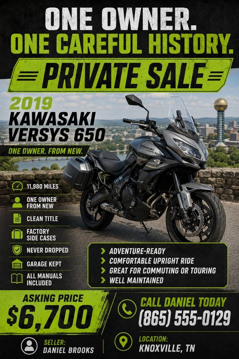 Motorcycle for sale flyer template with a large photo of a grey adventure bike, bold green and white text on a dark grunge background, listing specs, price, and contact info.