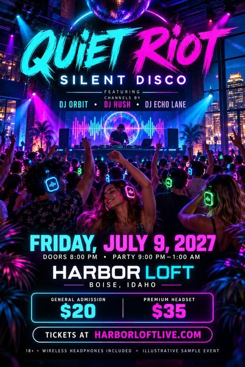 A vibrant neon flyer for a silent disco event featuring a crowd of people dancing with glowing headphones. The text includes event details like date, time, location, and ticket prices.