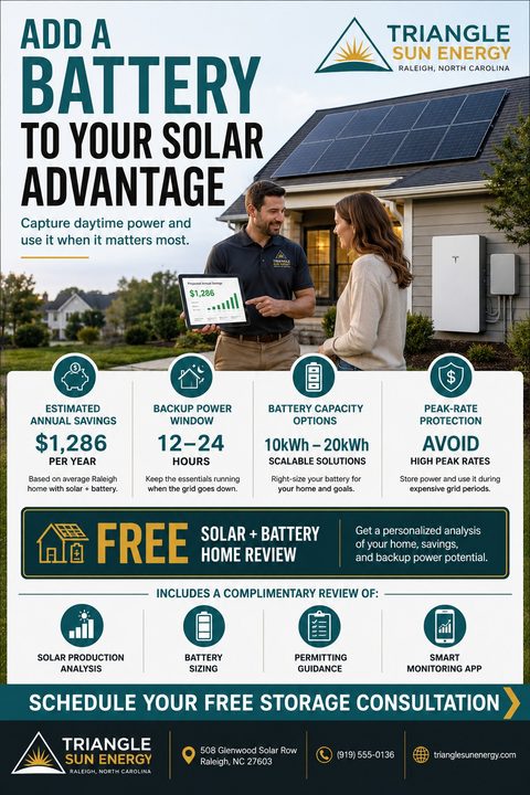 A flyer for Triangle Sun Energy promoting solar battery storage. It features a photo of a technician showing a tablet to a homeowner in front of a house with solar panels and a battery unit. The flyer highlights estimated savings, backup power.