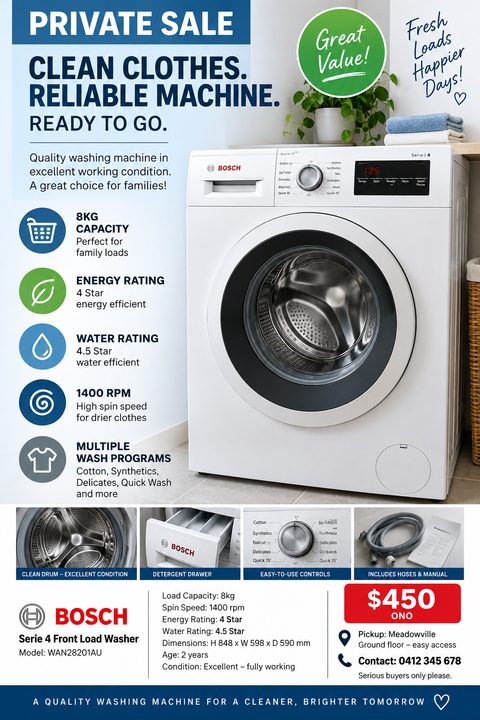 A flyer advertising a private sale for a washing machine. It features a large photo of a front-load washer, smaller detail photos, a list of features with icons, specifications, price, and contact information.