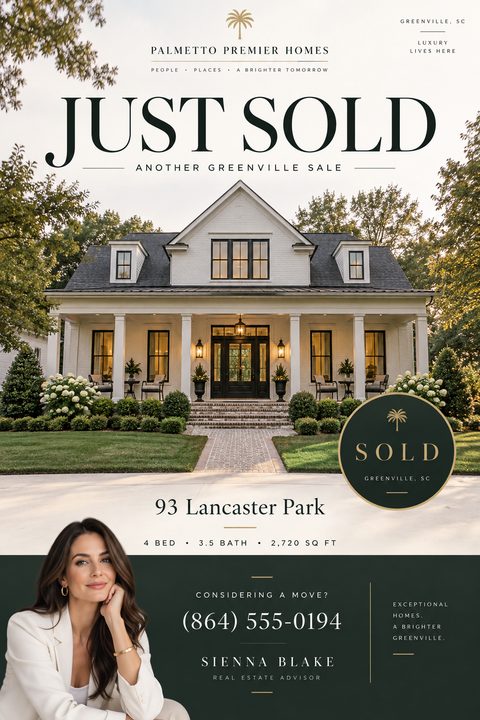 Real estate flyer with a large photo of a white house, 'JUST SOLD' text, a 'SOLD' badge, property details, and a real estate agent's photo and contact information on a dark green background.